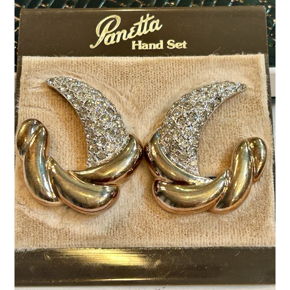 Panetta Vintage Hand Set Rhinestone Gold Tone Clip Earrings Original Card Rare